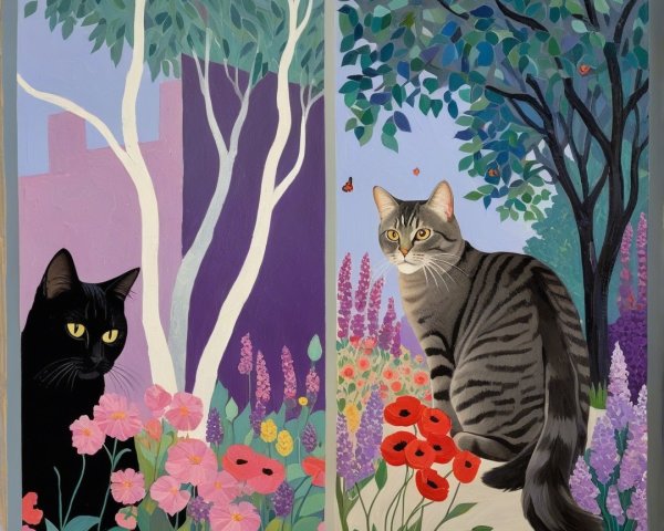 Colorful Garden Scene with Two Cats and Flowers