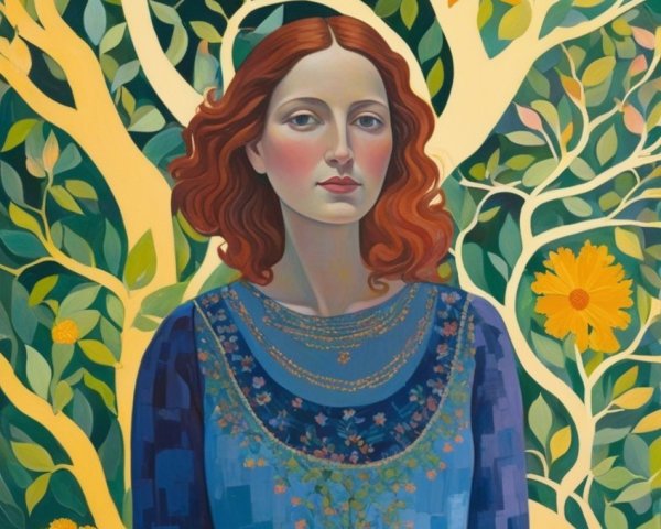 Young Woman in Floral Blue Garment Amidst Nature