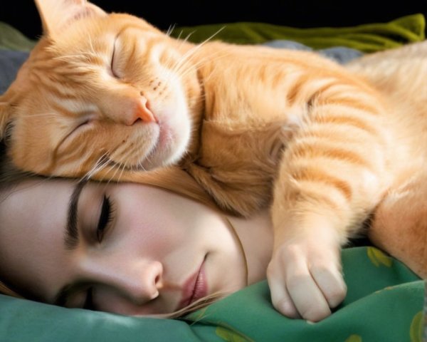 Young Woman Sleeping with Tabby Cat on Cozy Bedding