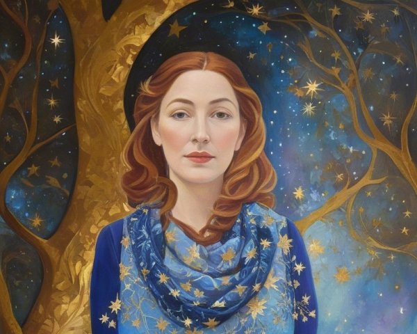 Regal Woman in Blue Dress Beneath Starry Sky