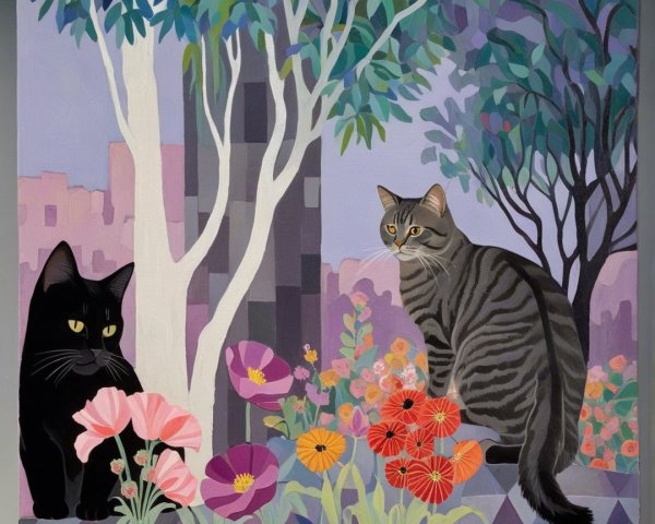Cats Among Colorful Flowers and Urban Skyline