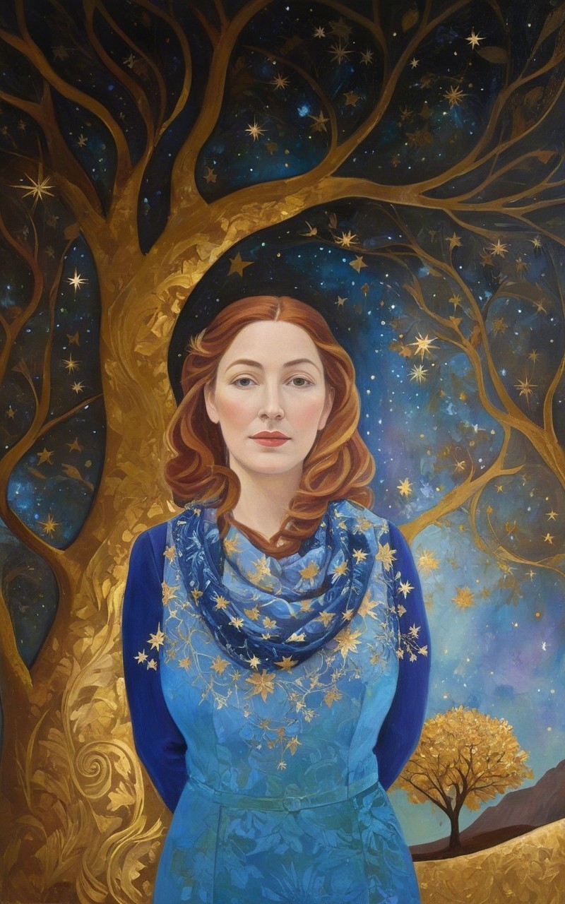Regal Woman in Blue Dress Beneath Starry Sky