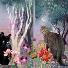 Cats Among Colorful Flowers and Urban Skyline
