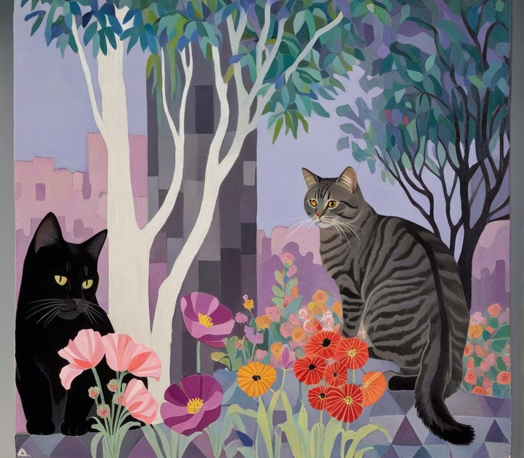 Cats Among Colorful Flowers and Urban Skyline