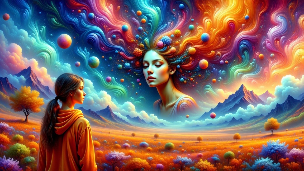 Surreal Landscape with Woman and Ethereal Figure