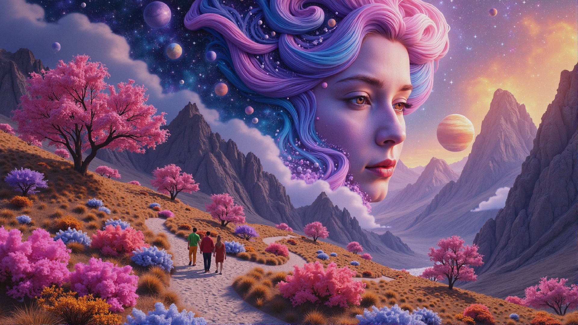 Surreal Landscape with Ethereal Face and Cosmic Elements