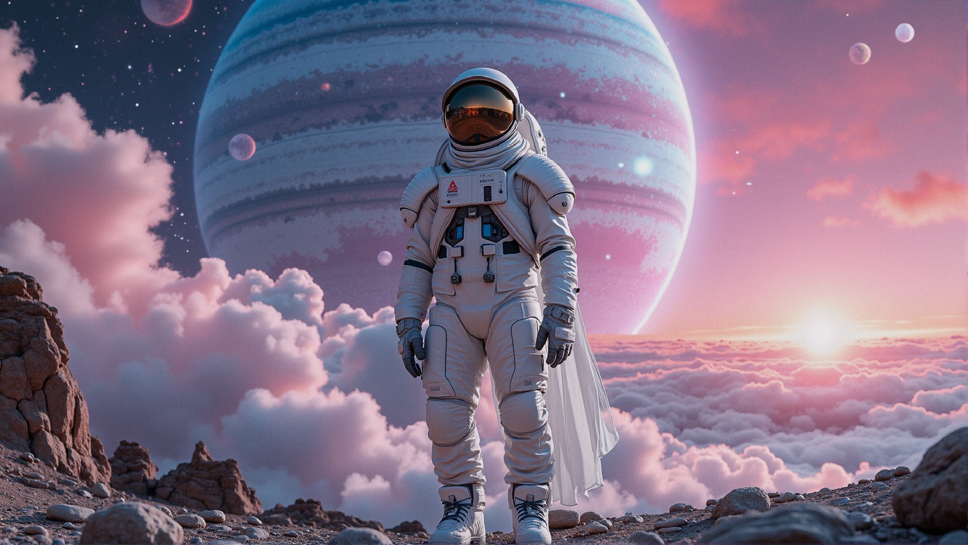 Astronaut on Rocky Surface with Colorful Gas Giant