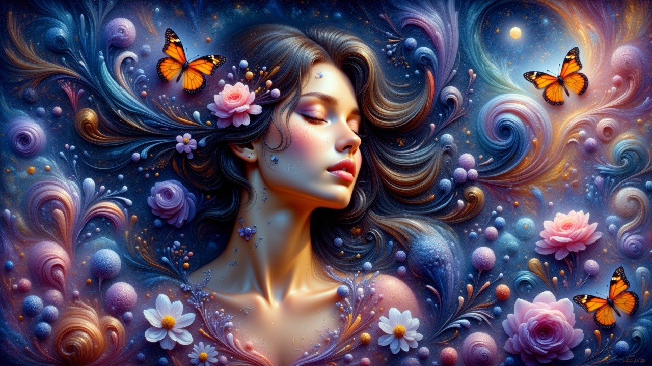 Serene Woman with Flowers in a Cosmic Background