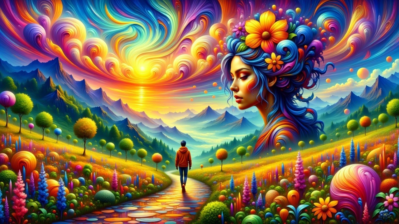 Surreal Colorful Landscape with Ethereal Woman