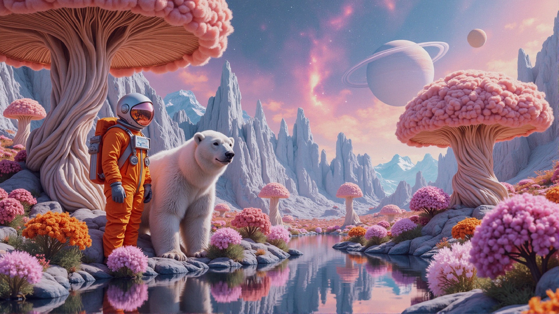 Astronaut and Polar Bear in Surreal Landscape with Mushrooms