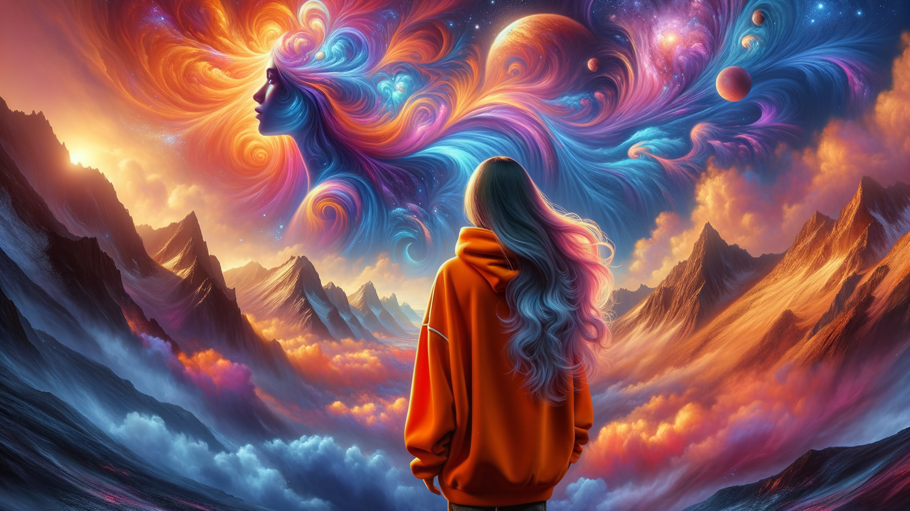 Person in Orange Hoodie Against Colorful Cosmic Sky