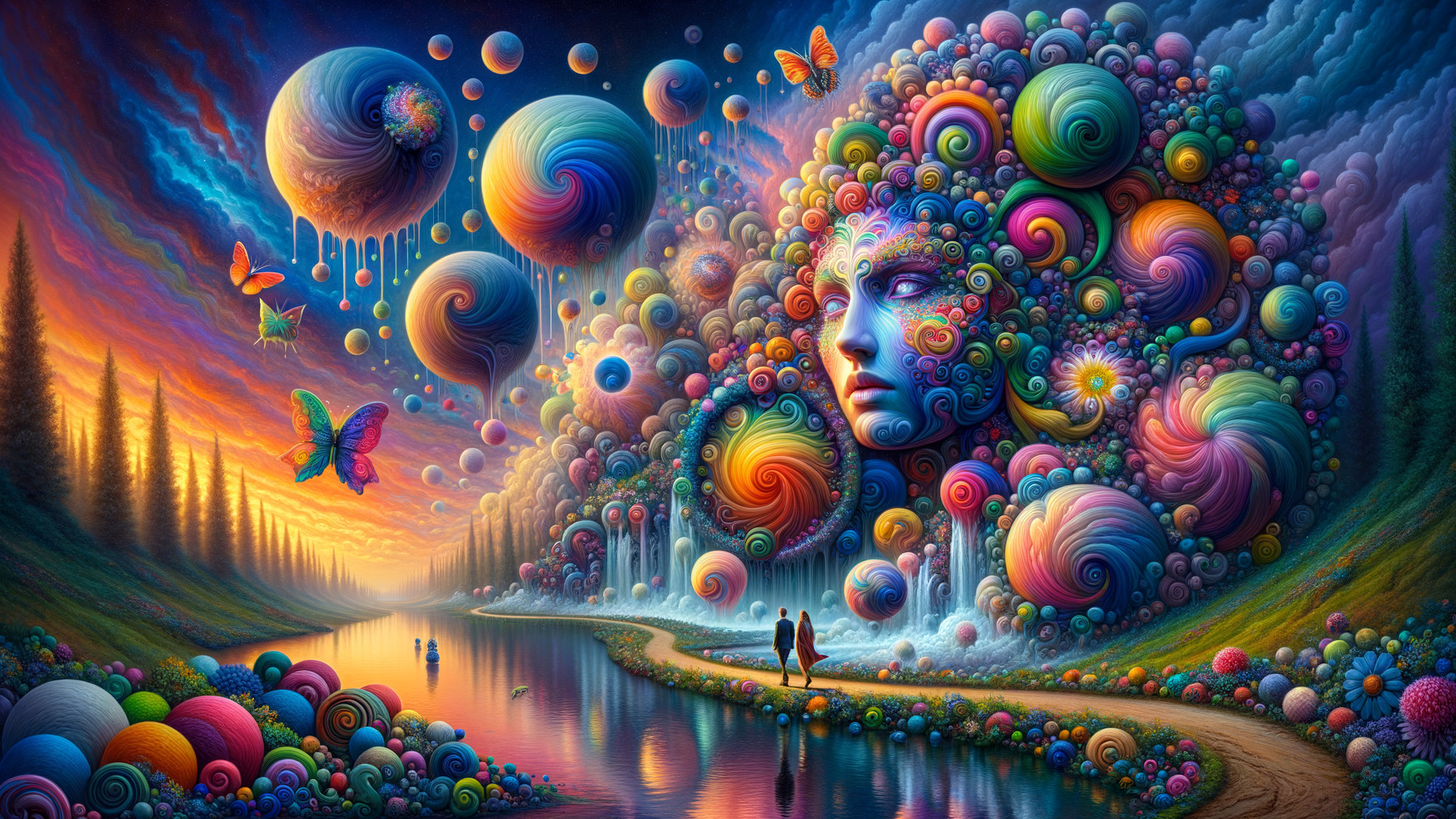 Surreal Landscape with Colorful Face and Butterflies
