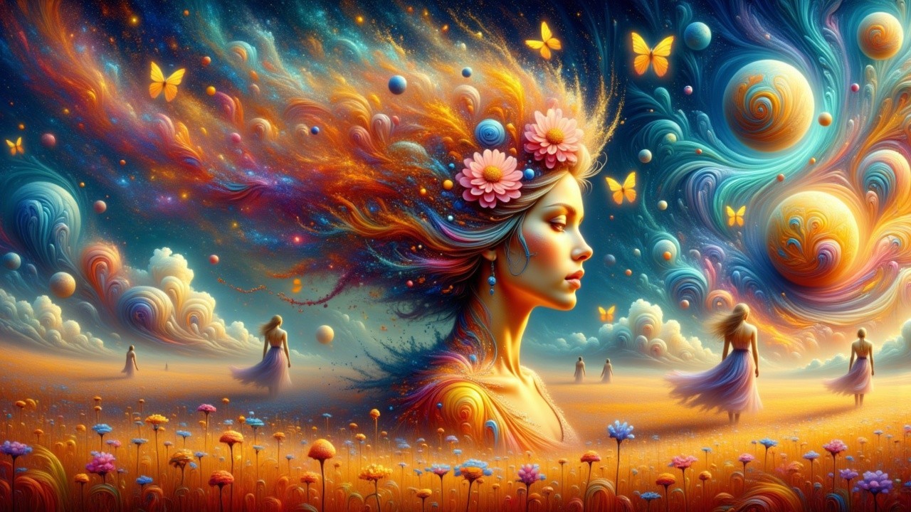 Dreamlike Landscape with Serene Woman and Cosmic Backdrop