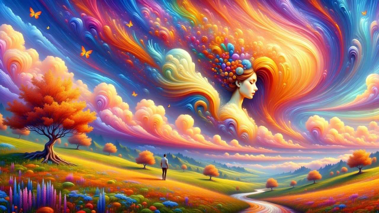 Surreal Landscape with Colorful Woman and Nature Elements