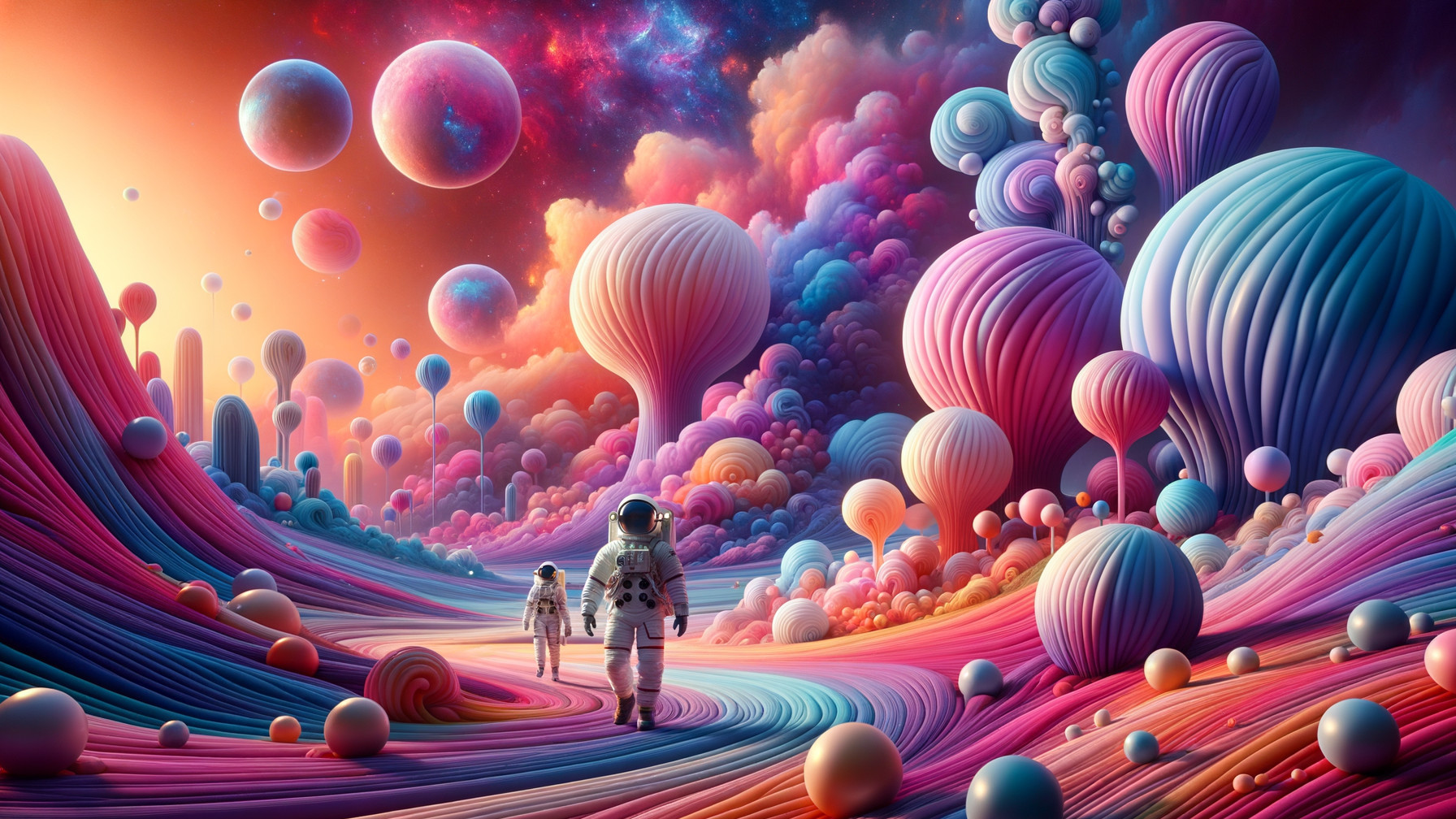 Astronauts in a Surreal, Colorful Landscape Exploration