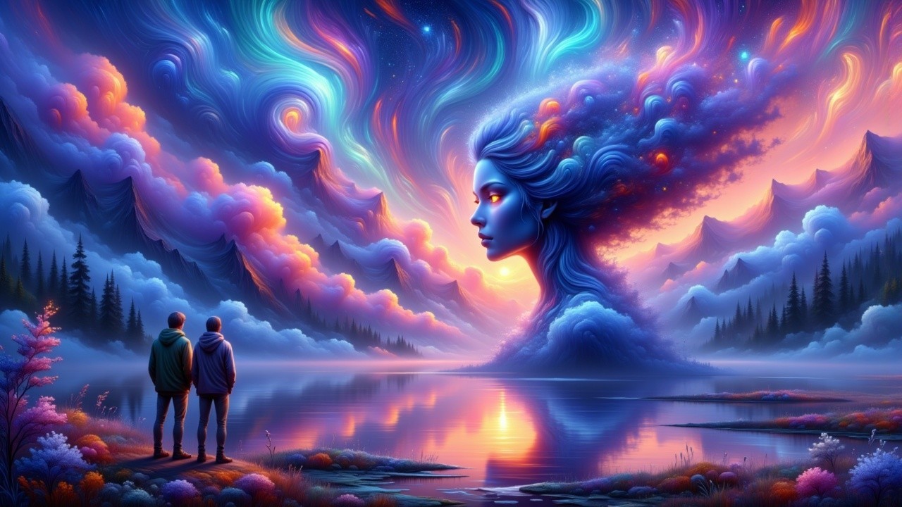 Surreal Landscape with Figures and Serene Lake Scene