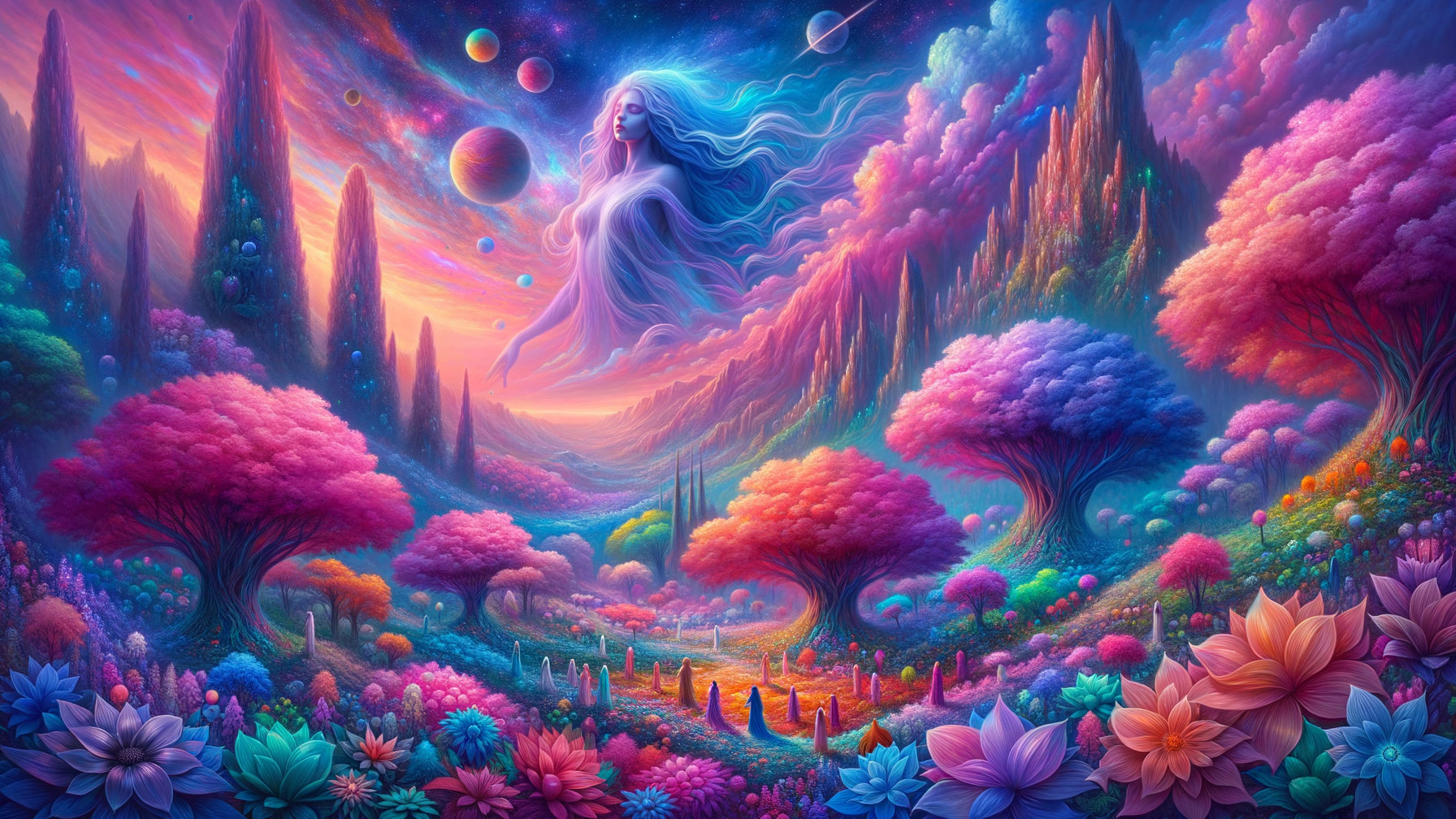 Vibrant Otherworldly Landscape with Ethereal Figure