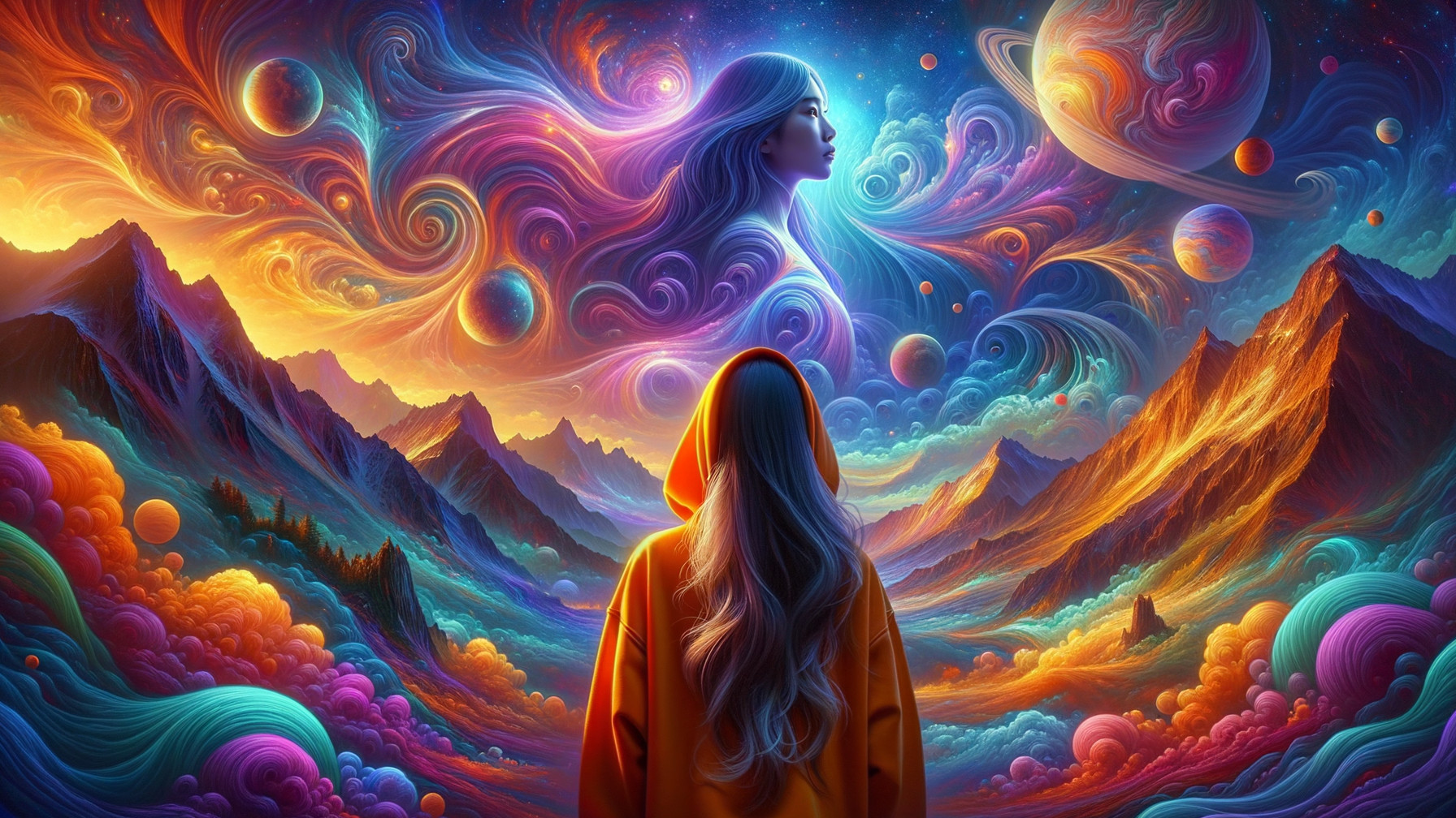 Surreal Landscape with Cosmic Elements and Mountains
