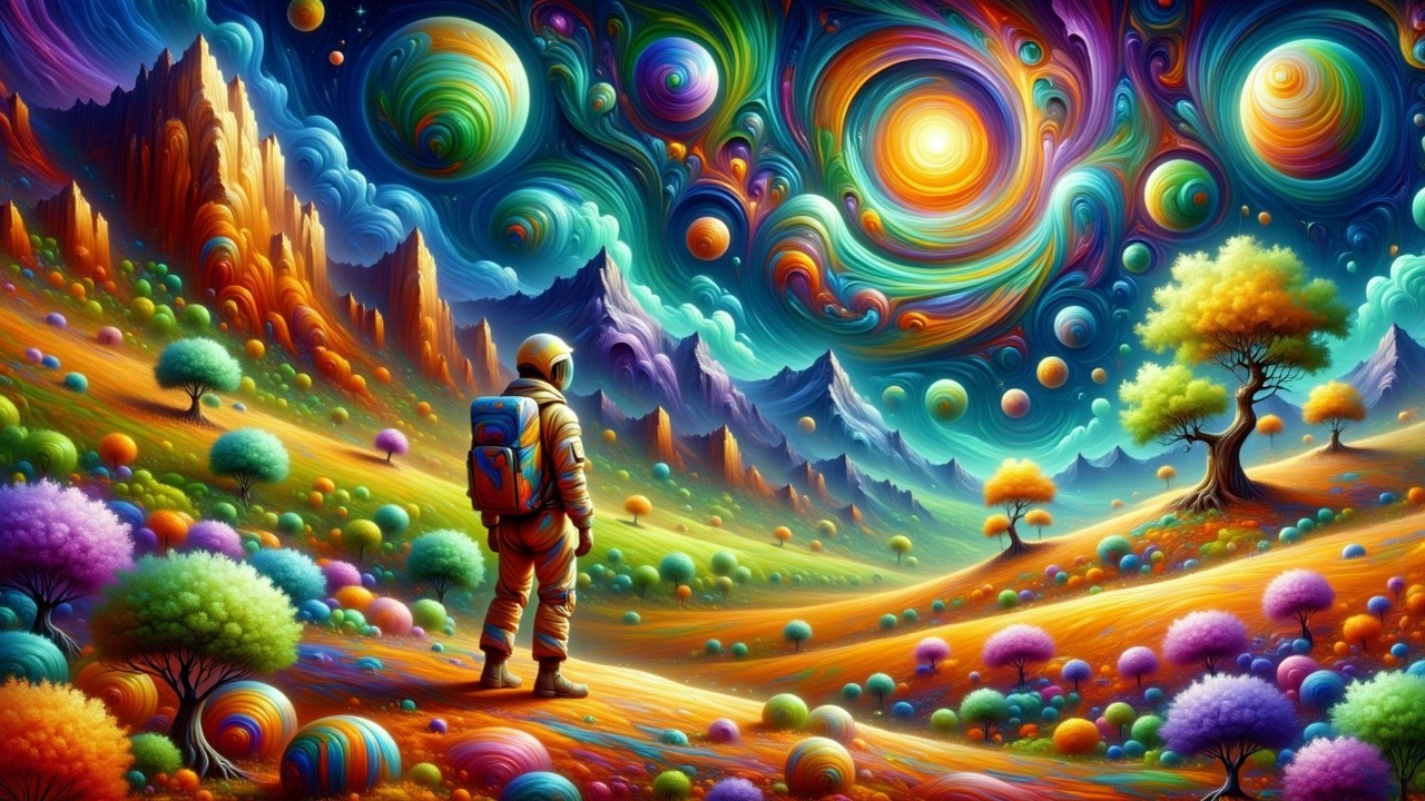 Astronaut in a surreal, colorful landscape with planets