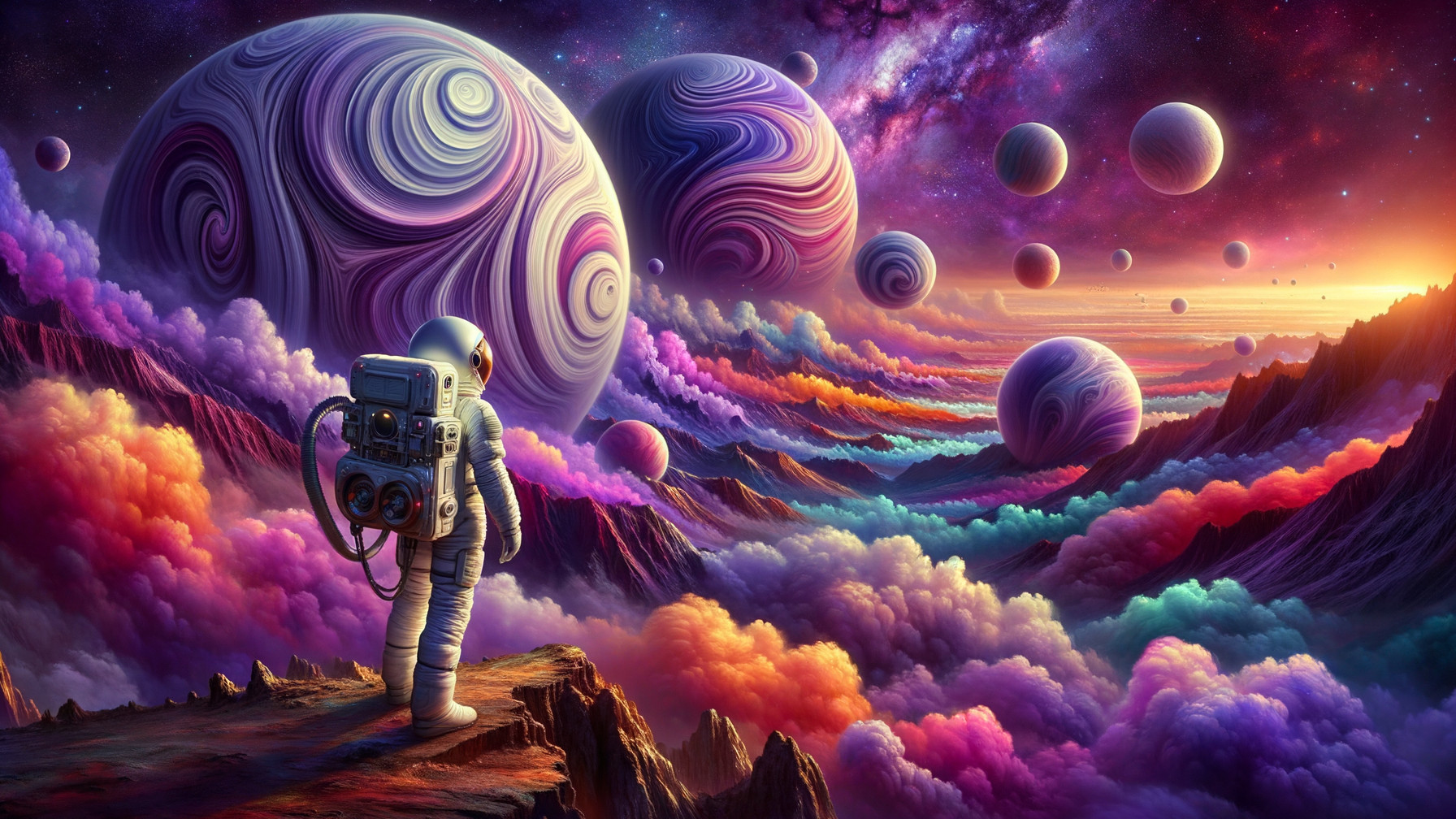Astronaut Observing Surreal Cosmic Landscape