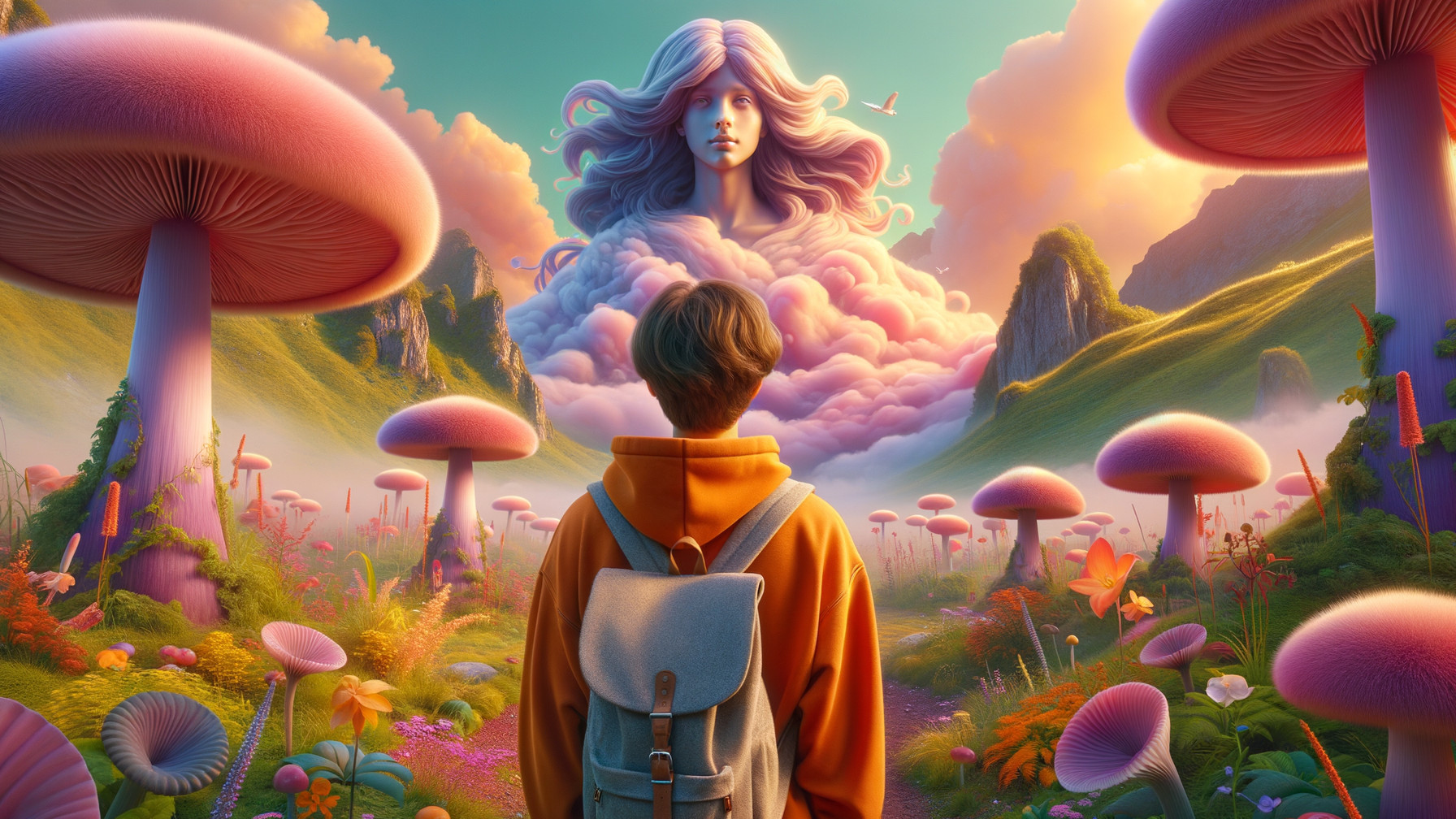 Young person in orange hoodie in vibrant landscape