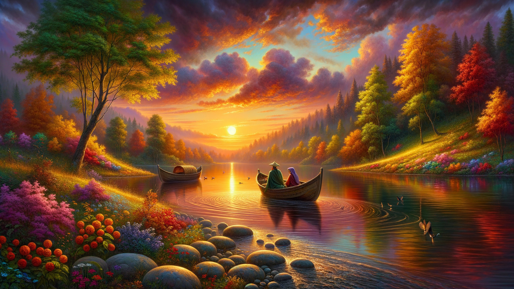 Serene Sunset Over Tranquil Lake with Autumn Foliage