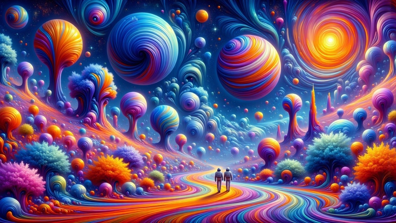 Vibrant Dreamlike Landscape with Colorful Planets