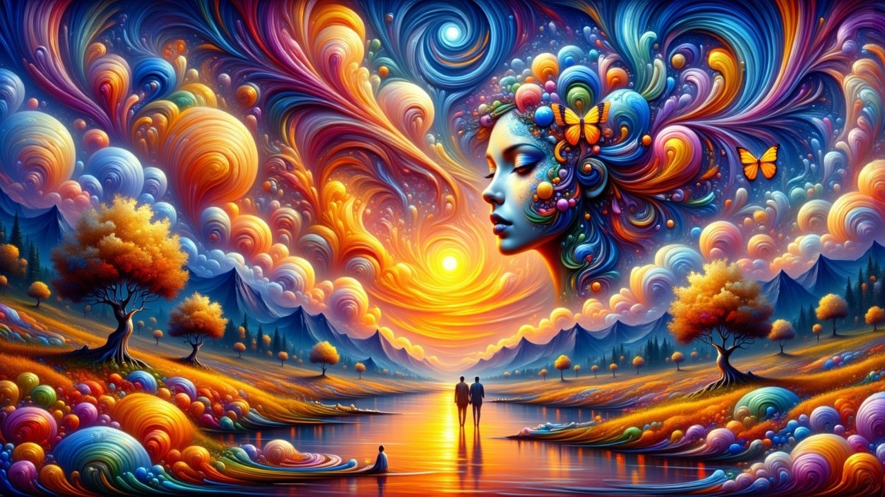 Vibrant Abstract Landscape with Woman's Profile and Nature