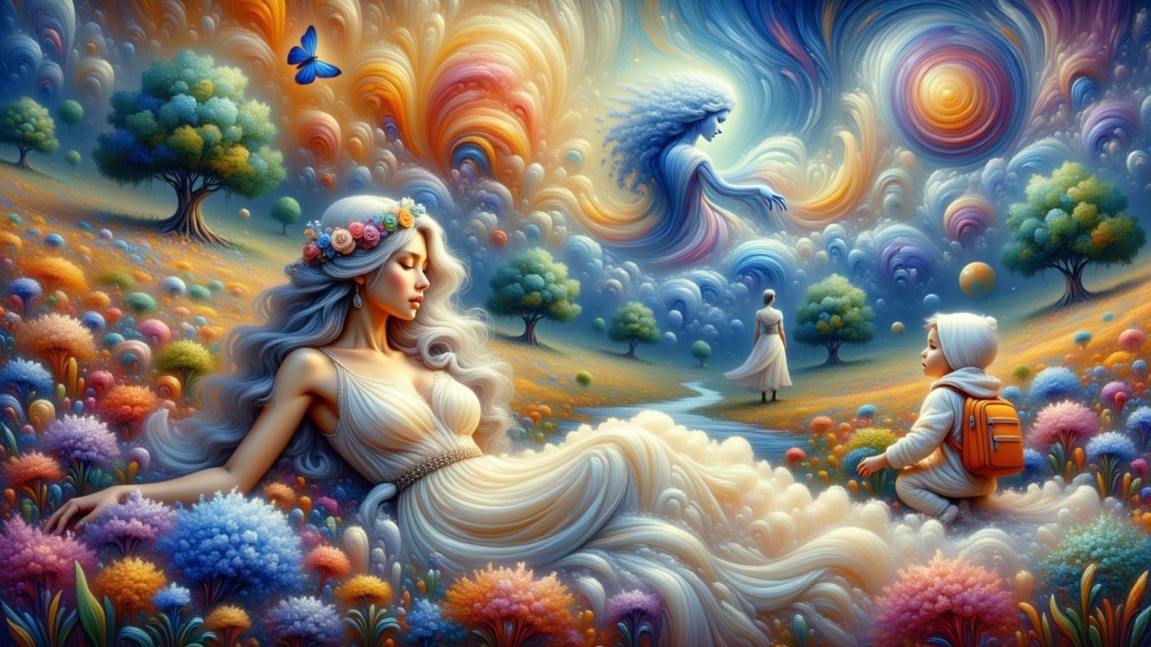 Serene Woman in Dreamlike Floral Landscape