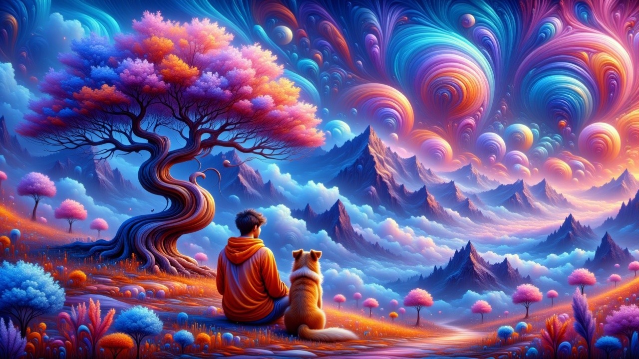 Vibrant Dreamlike Landscape with Person and Dog