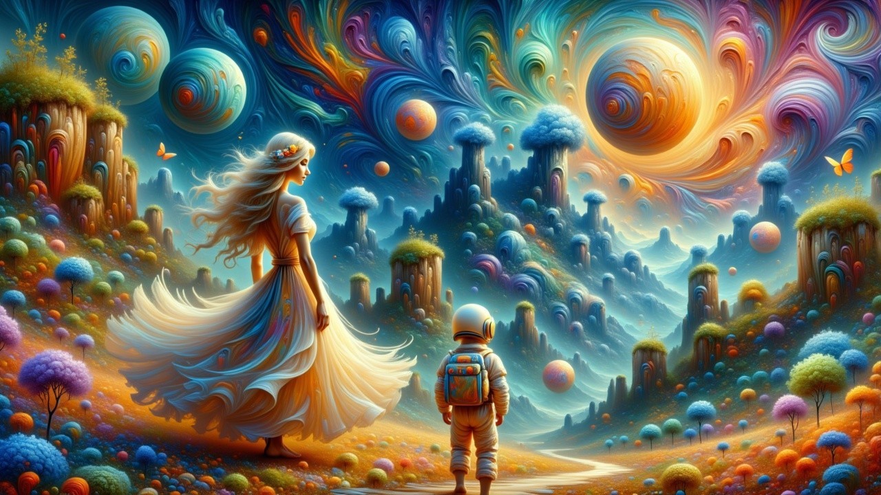 Whimsical Landscape with Children and Colorful Planets