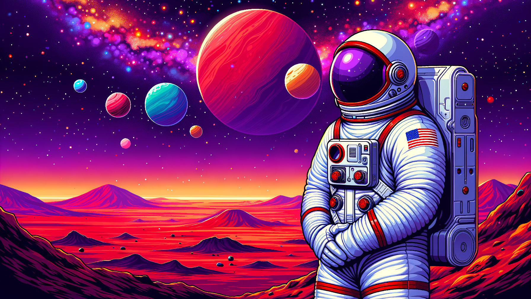 Astronaut on Red Alien Planet with Mountainous Landscape
