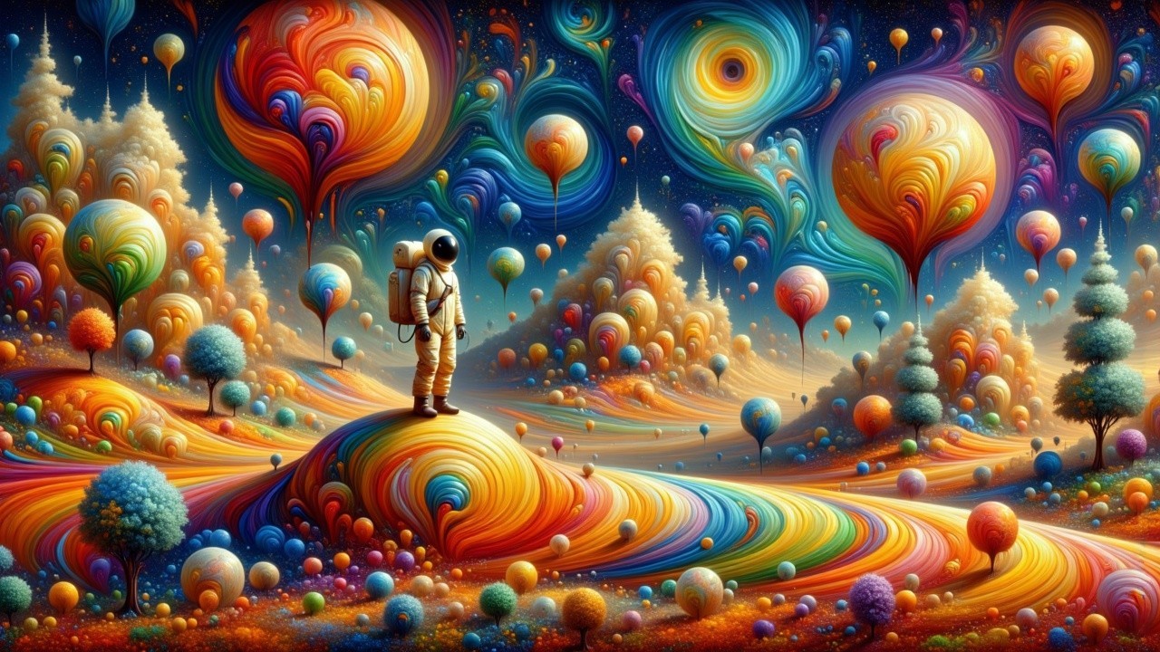 Surreal Landscape with Astronaut and Vibrant Colors