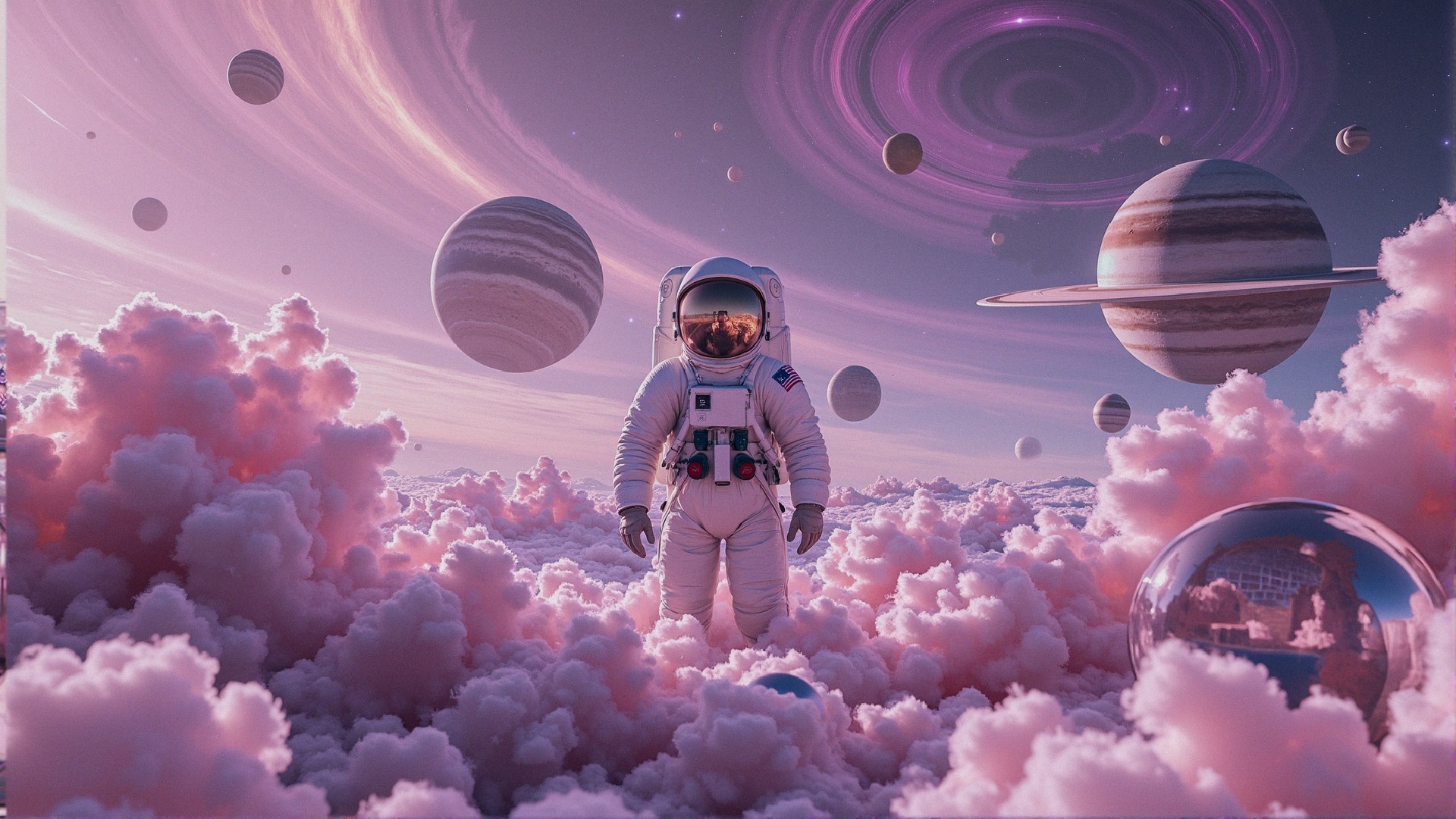 Astronaut in a Colorful Cosmic Landscape with Planets