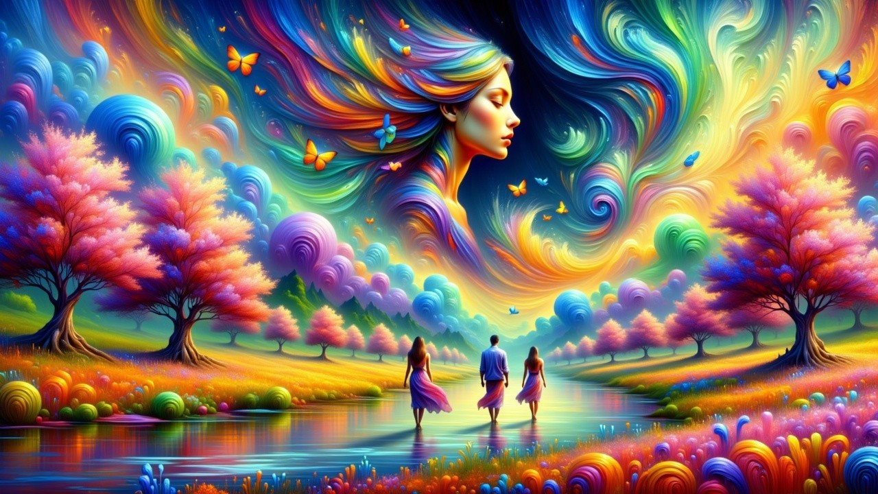 Surreal Landscape with Colorful Figures and Nature