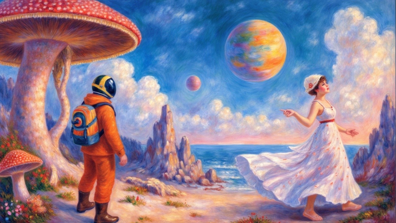 Whimsical Landscape with Mushrooms and Cosmic Elements
