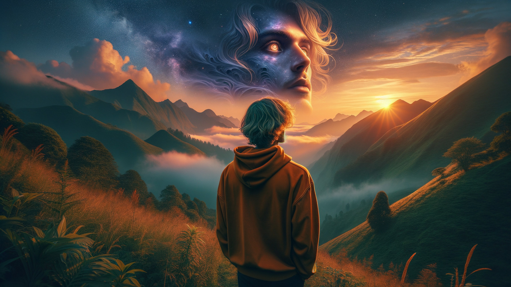 Lone Figure on Hilltop at Sunset with Ethereal Clouds