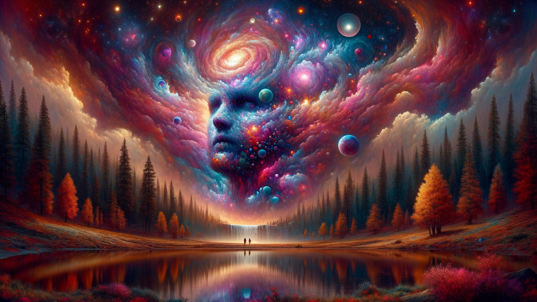 Surreal Landscape with Cosmic Imagery and Lake Reflection