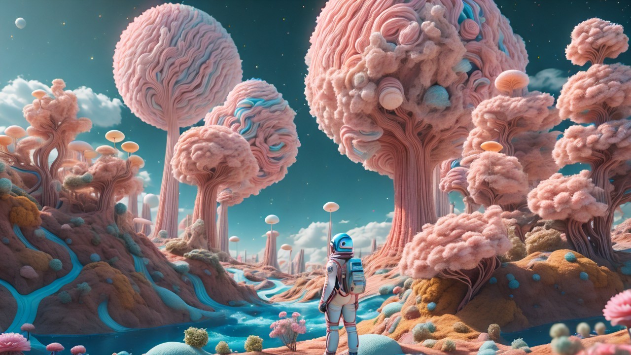 Astronaut in a Whimsical Surreal Landscape with Trees