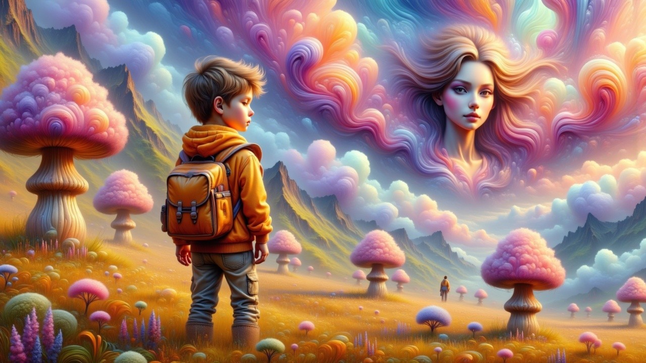 Surreal Landscape with Boy and Ethereal Cloud Face