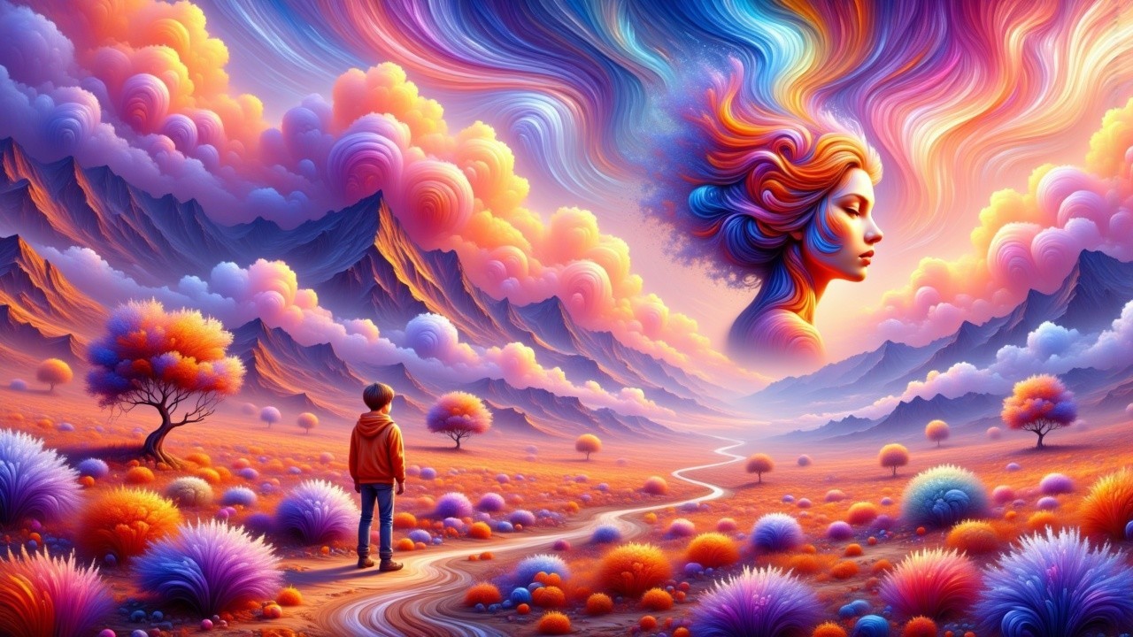 Dreamlike Landscape with Ethereal Elements and Colors