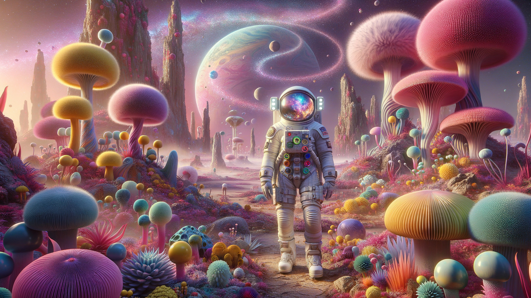 Vibrant Alien Landscape with Astronaut and Giant Planet