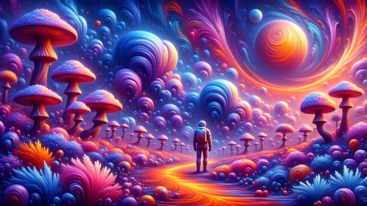 Surreal Landscape with Colorful Mushrooms and Astronaut