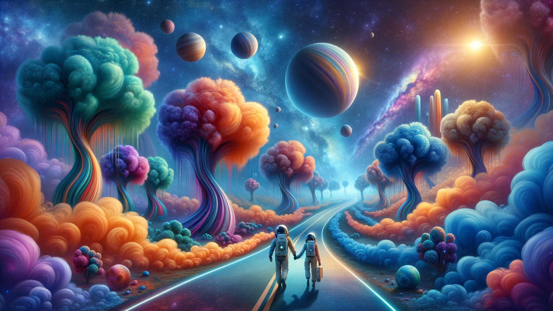 Astronauts Walking on a Vibrant Cosmic Road