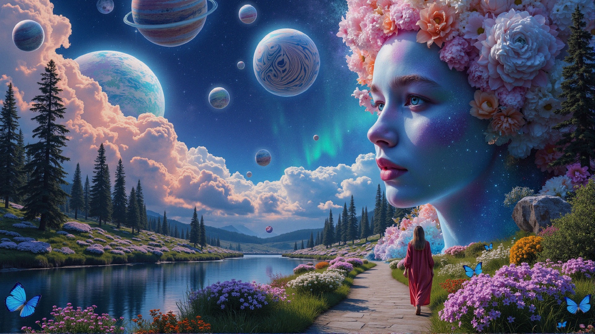 Surreal Landscape with Ethereal Woman and Cosmic Elements