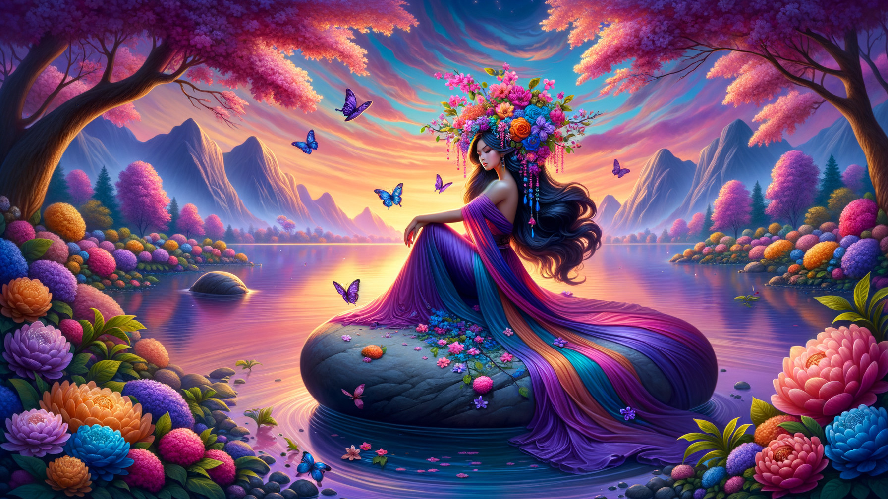 Serene Figure in Colorful Gown by Tranquil Pond