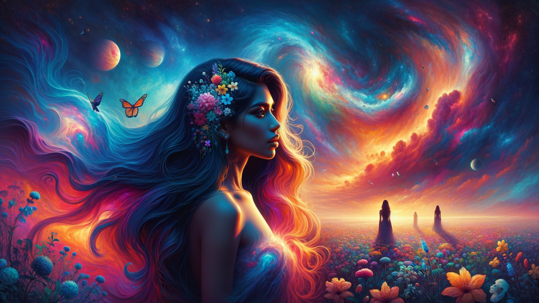 Woman with Colorful Hair in Cosmic Landscape