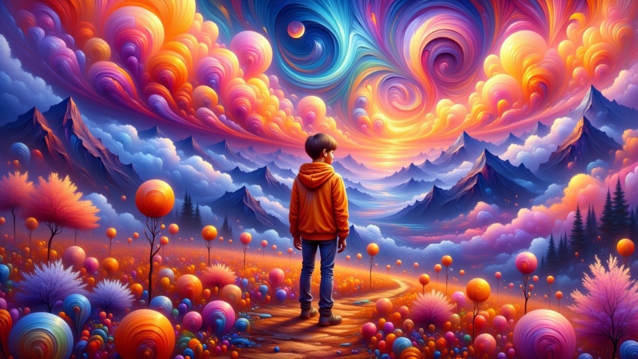 Young boy on path in colorful surreal landscape