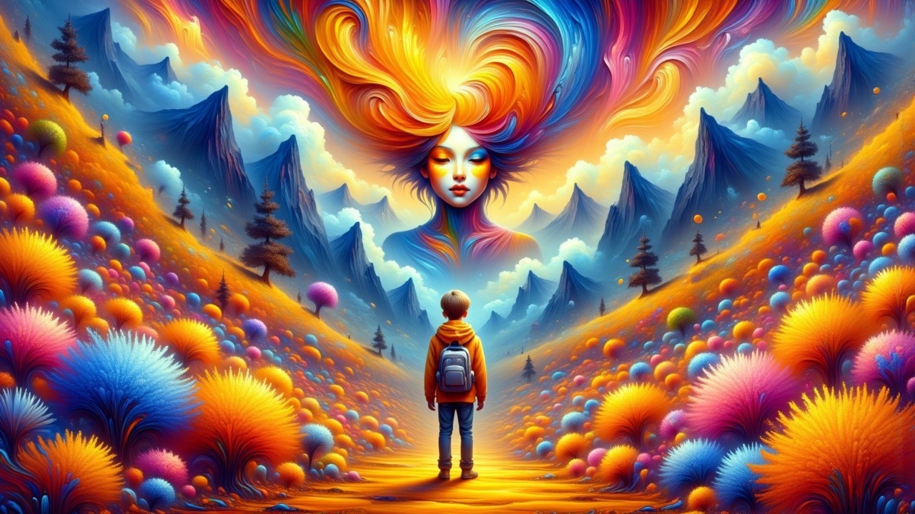 Vibrant Landscape with Ethereal Figure and Colorful Path