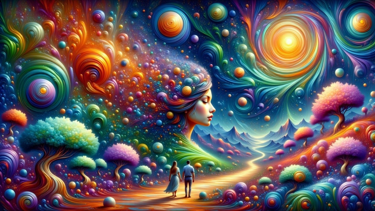 Surreal Landscape with Figures and Cosmic Elements